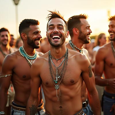 Men wearing body jewellery at a music festival