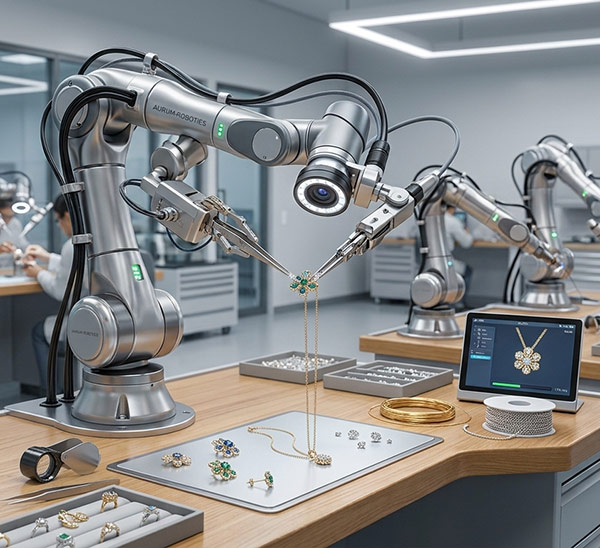Robots on an assembly line representing the future of jewellery production