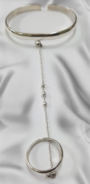 Silver slave bracelet with adjustable ring, bangle and connecting chain
