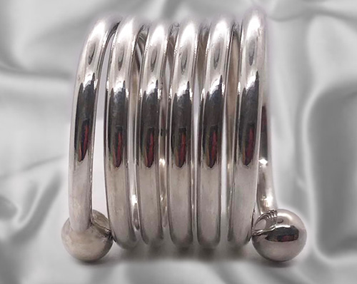 Six turn silver spiral cock ring with 8mm balls